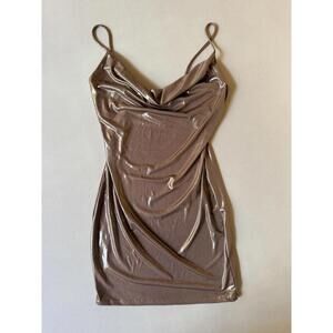 Windsor Shiny Mocha/Gold Mini Dress with Spaghetti Straps